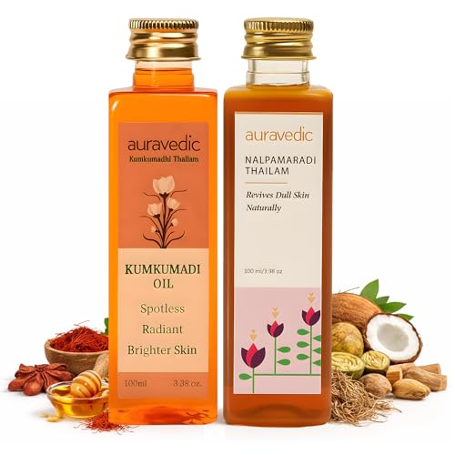 Image of Auravedic Kumkumadi tailam for face Kumkumadi face oil for glowing skin & Nalpamaradi thailam 100 ml pack of 2 kumkumadi oil pigmentation serum body oil after bath for daily use