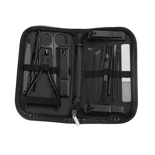 Juego de manicura y pedicura, 16 piezas de acero inoxidable, juego de cortaúñas, profesional para el cuidado de las uñas, con estuche de piel portátil de viaje para hombres y mujeres, negro