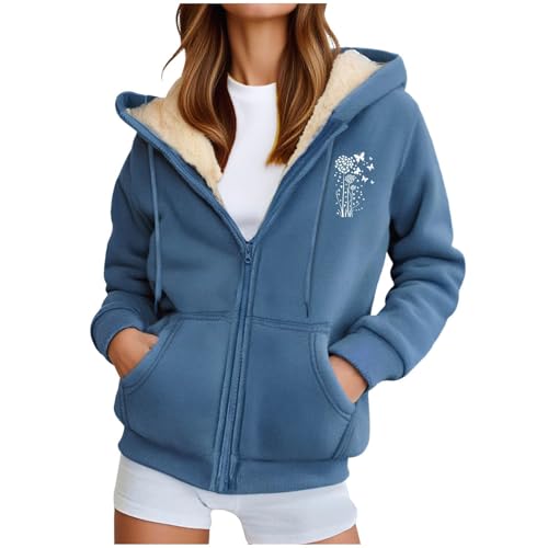 Sweat-shirt en molleton doublé pour femme avec capuche entièrement zippée, sweat-shirt thermique avec impression de cœur, bleu, XXL