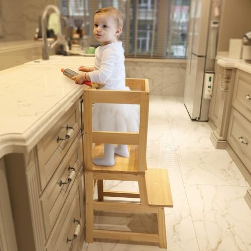Image of Kitchen Step Stool for Toddlers with Non-Slip Mat, Wood City Wooden Kids Montessori Learning Stool Tower, Toddler Standing Tower Helper for Kitchen Counter and Bathroom Sink.