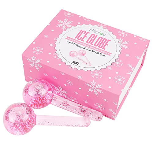 Healov Pink Ice Globe Facial Roller Face Depuffer Wand Cryo Ball Massager Skin Care Tool with Handle, Set of 2 – Cold Massage Stick Beauty Orbs You Can Freeze for Cooling Under Eye Puffiness Relief