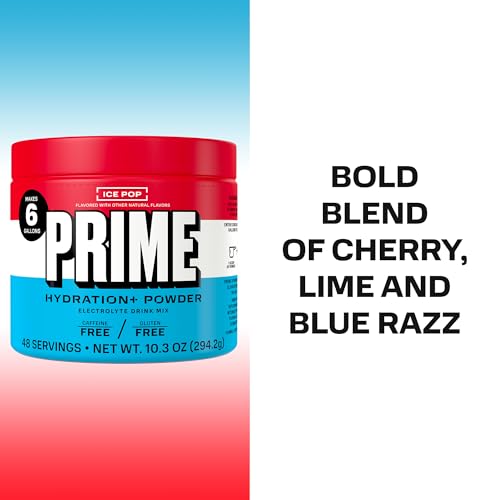Image of PRIME HYDRATION+ Electrolyte Powder, Ice Pop, Sugar Free Hydration Drink Mix with Potassium, Magnesium & B Vitamins to Replenish Fluids, Caffeine Free, 6 Gallon Tub, 48 SRV