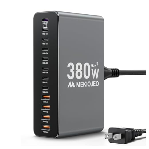 12 Ports Aluminum Alloy 380W Charging Station Fast USB C Charger Block 65W Laptop GaN Charger for MacBook Pro/Air/iPad Pro/iPhone (Gray)