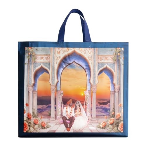 Image of Lavya Large Size Return Gift Bags | Reusable Non-Woven Metallic Laminated Matt Finish Carry Bags for Weddings, Traditional Gifting, Sarees, Sweets & Dry Fruit Boxes (Royal Sunset Wedding, L-16x14x4, Pack of 20)