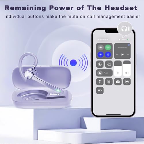 Image of HEIBAS Bluetooth Headset, Wireless Earpiece with Mic for Work | 72H Playtime, 500mAh Charging Case, Hands-Free Calling with Mute Button for Work, Trucker, Office, Driving, Lilac Purple