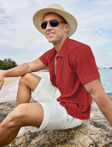 Vssjavun Mens Short Sleeve Button Down Shirts Casual Hollow Out Summer Beach Shirt