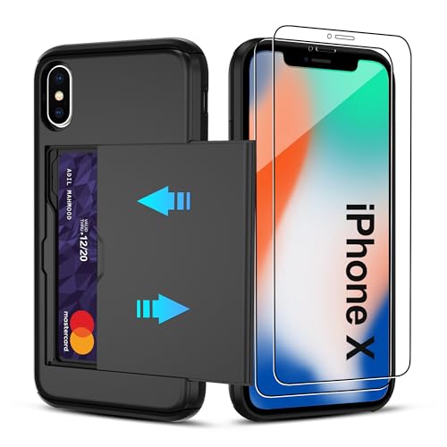 for iPhone X/iPhone Xs Case with Card Holder【2 Pcs HD Screen Protector】 Slim Heavy Duty Dual Layer Shockproof Design【Hidden Card Slot 】 Wallet Case for iPhone X/XS Phone Case-Black
