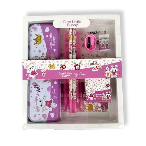 Kit Escolar Infantil 7 em 1, Conjunto com Estojo, Lápis, Régua, Apontador e Borracha, Temas Espacial, Dinossauro e Fundo do Mar, Material Escolar Completo (Rosa)