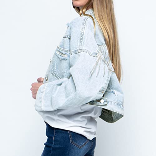Xunger Women’s Crop Rhinestone Fringe Denim Jacket Long Sleeve Distressed Ripped Tassel Jean Coat (0799-Lightblue-M-Rd) #TOP3