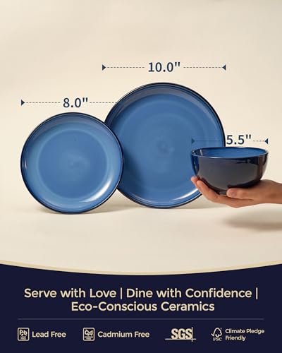 Image of Pokini Blue Stoneware Dinnerware Set, 12 pcs Reactive Glaze Plates and Bowls Sets, Handmade Round Dishes Set for 4, Highly Chip and Crack Resistant Modern Plate Set