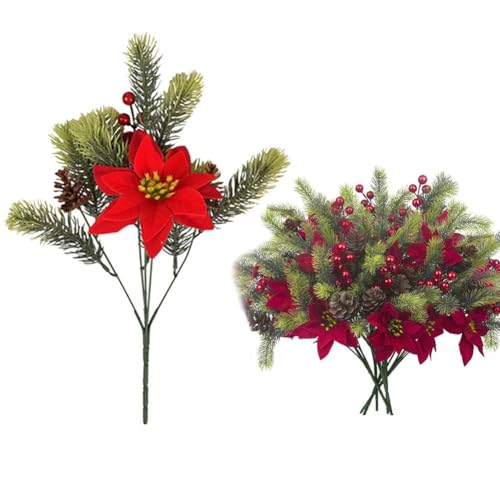 5 piezas de flores artificiales de Pascua de 36 cm, flores de Navidad falsas con bayas rojas, flores de pino, conos de mesa de invierno para el hogar