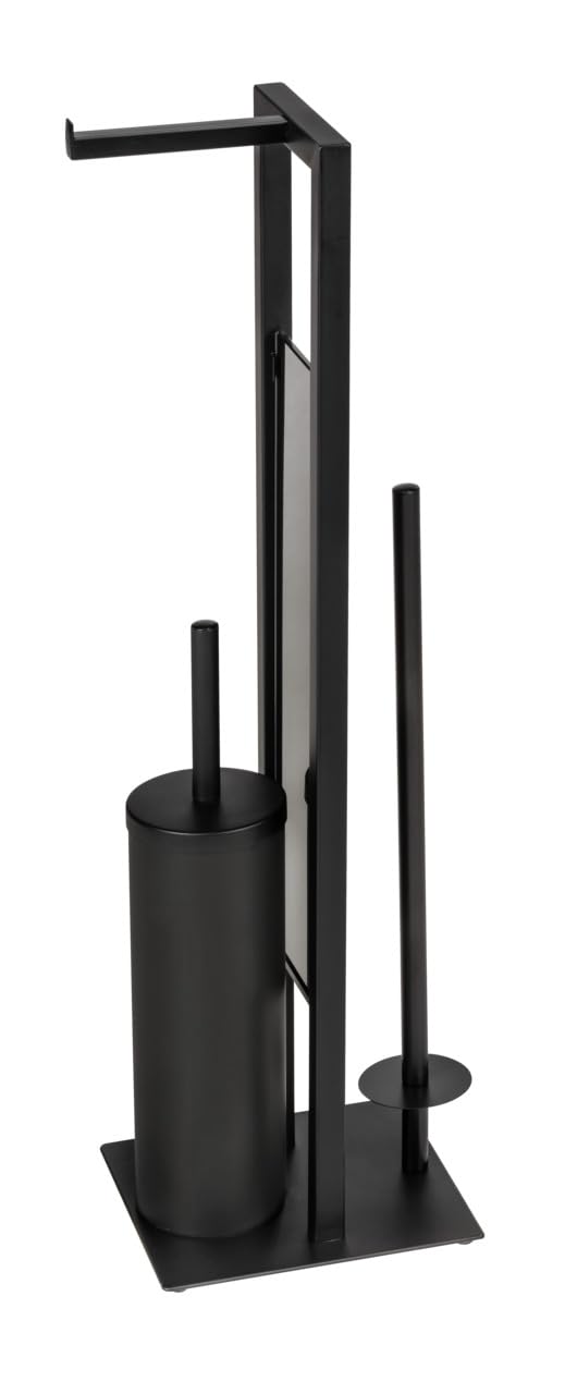 WENKO Stand WC-Garnitur Mod. Rivalta geschlossene Toilettenbürstenhalter Kombination aus matt lackiertem Stahl und Sicherheitsglas mit Toilettenpapier- und Ersatzrollenhalter Schwarz 18 x 70 x 23 cm
