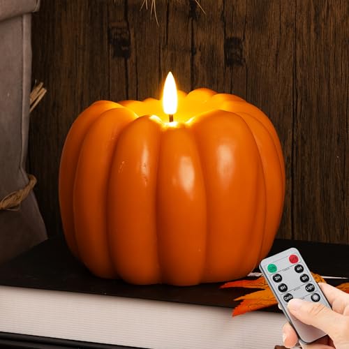 SEHNSY Flameless Pumpkin Candle with Timer Remote, Real Wax Light Up Pumpkin Candle for Fall Decor, Battery Operated Decorative Candles Halloween, Thanksgiving, Autumn Farmhouse Rustic Harvest Decor