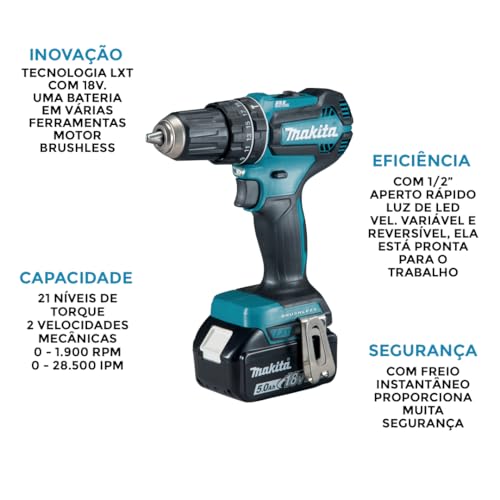 Parafusadeira e Furadeira de impacto Makita 18V Dhp485rf1j Maleta e 1 Bateria 3Ah