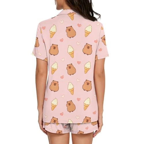 Image of Women's Short Sleeve Sleepwear Button 2 Piece Plus Size Pajamas Casual Soft Stretchy Funny Nightwear with Pockets