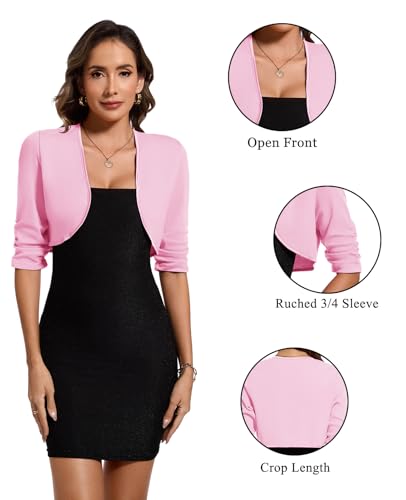 Image of MINTLIMIT Bolero Cardigans for Women Ruched 3 /4 Sleeve Open Front Cropped Cardigan Boleros Shrug Jackets for Evening Dresses