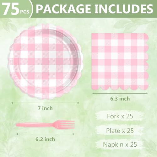 Image of Mulbozy 75 Cute Pink Gingham Paper Plates and Napkins for Party, 25-7 inch
