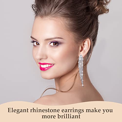 Sureio 6 Pairs Long Rhinestone Earrings for Women Silver Chandelier Dangle Tassels Drop Earring for Brides Bridesmaids Wedding Bridal Prom Jewelry Gift3