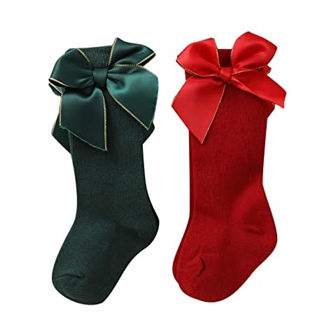 Toddler Baby Girls Christmas Socks with Bowknot Infant Red & Green Warm Winter Holiday Socks 2Pcs (Big Bowknot , 0-1 Year ) Cover
