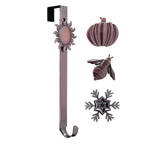 Haute Decor Adapt Adjustable Length Wreath Hanger with Interchangeable Icons (Oil Rubbed Bronze-Bee/Sun/Pumpkin/Snowflake) - 4 Wreath Hangers in 1 - Sturdy Door Wreath Hanger