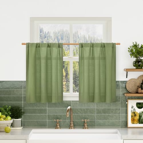 Image of LAMIT Semi Sheer Green Linen Curtains 24 Inch Length for Cafe, 2 Panels