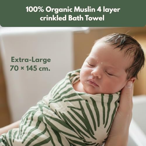 Image of BIGMOON 100% Muslin Baby Crinkled 4-Layer Bath Towel | Large 70 x 145 cm Soft & Breathable Towel for Newborn Baby | Green Leaf Printed Muslin Bath Towel, Baby Towel | 0-3 Years+, Pack of 1