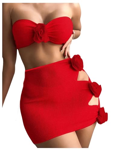 SweatyRocks Women's 3 Piece Bathing Suit Floral Design Strapless High Cut Bikini with Cover Up Skirts Swimsuit