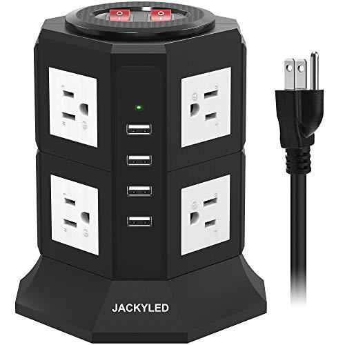 50% Off Discount Power Strip Tower JACKYLED 8 AC Outlets 3000W 15A and 4 USB Slots 8A Desktop Smart Charging Station Multiple Protection with Heavy Duty 6.5ft 14 AWG Extension Cord for Home Office