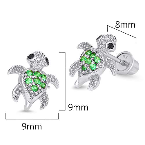 925 Sterling Silver Rhodium Plated Green Turtle Cubic Zirconia Screwback Baby Girls Earrings2