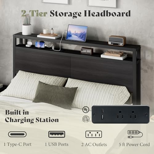 Image of AMERLIFE Full Size Bed Frame with Storage Headboard & Charging Station, Industrial Metal Platform Bed with Large Under-Bed Storage, Heavy Duty Slats, No Box Spring Needed, Black