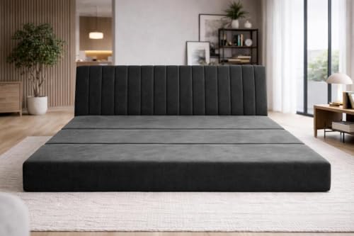Image of 3-Seater Foldable Sofa Bed with Adjustable Backrest, Modern Velvet Fabric Folding Couch for Living Room, Guest Room & Small Spaces-Black