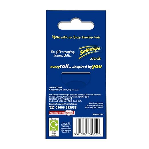 Image of Sellotape Original Golden Tape premium, strong, tear by hand tape ideal for office, school projects, art work, bonding of paper or card, wrapping presents, sealing lightweight boxes, 18 mm x 25 m*4