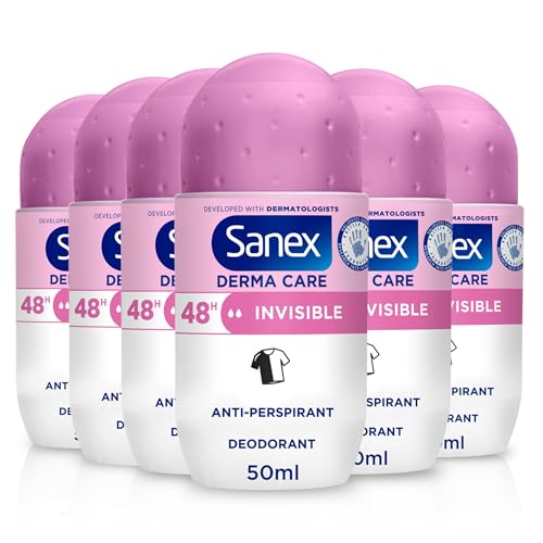 Sanex Derma Care Invisible 48-Hour Antiperspirant Roll-On Deodorant 6x50ml – long-lasting freshness against sweat and odour – gently cares for skin – contains 0% alcohol* – protects against stains