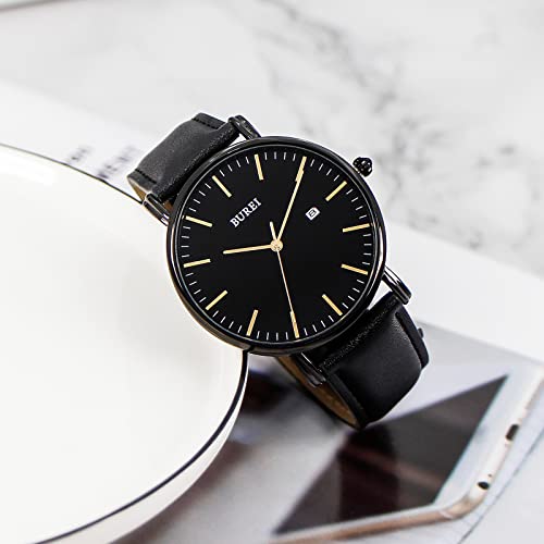 Image of BUREI Men's Fashion Minimalist Wrist Watch Analog Date with Leather Strap