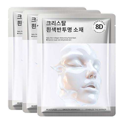 3PCS Korean Collagen Face Mask - Moisturising Collagen Facial Mask - Hydrating Sheet Mask with Hyaluronic Acid & Vitamin E - Anti-Ageing, Firming & Glowing Skincare for Dry, Dull, Mature Skin