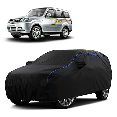 Image of Sulfar 100% Water Resistant Car Body Cover Compatible with Mirror for Tata Sumo Grande MK II (Triple Stitched, Full Bottom Elastic, Black Tafetta with Blue Piping)