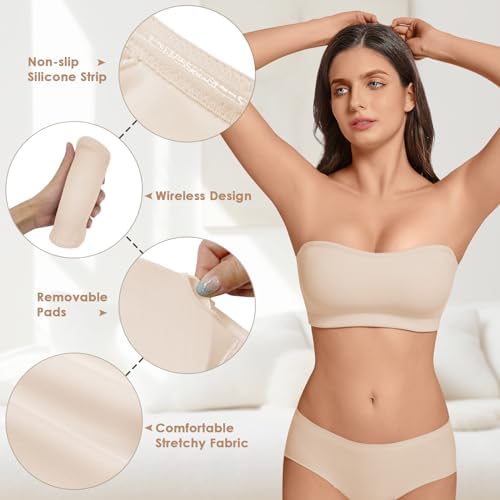 Image of Strapless Bra for Women Bandeau Bra Wireless Seamless Padded Tube Top Non-Slip Bandeau Top with Hook and Eye Closure