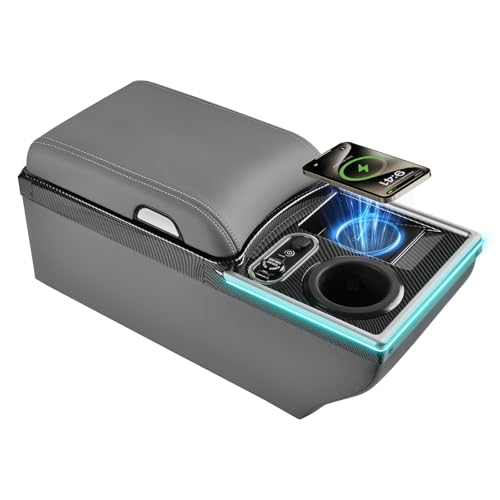 Image of Coverado Center Console, Universal Bench Seat Center Console with Wireless Charging & Cup Holder & 7 Light Modes, Truck Back Seat Car Organizer, Rear Central Car Armrest Box with Storage, Gray