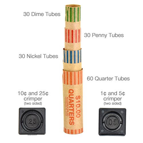 150 Coin Wrappers & Twist N Crimp Wrapper Sealer Made In Usa - Durable Preformed Paper Tubes - Coin Wrappars Assorted Rolls Sizes - 60 Quarters, 30 Pennies, 30 Nickels And 30 Dimes #TOP5