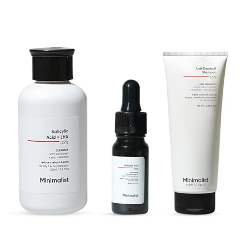 Image of Minimalist Salicylic Acid Complete Acne & Dandruff Control Mini Kit | 2% BHA Face Serum + Anti Dandruff Shampoo + Oil Control Scalp Shampoo | Salicylic Acid Treatment for Oily Skin & Scalp