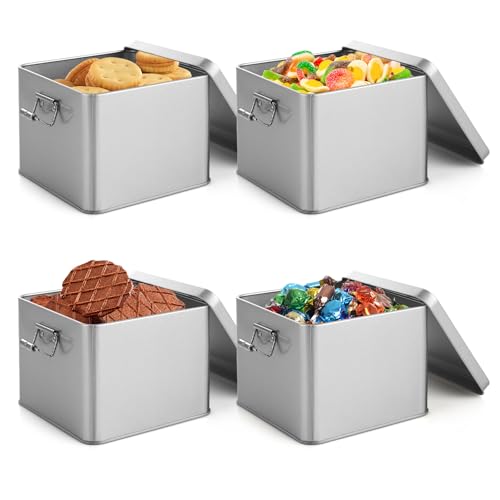 YAYODS 4PCS Metal Biscuit Tin with Clip Lid, Airtight Square Biscuit Barrel for Kitchen Storage, Cookie and Snack Jar to Keep Fresh, Durable Silver Food Container Box, 120x120x95MM