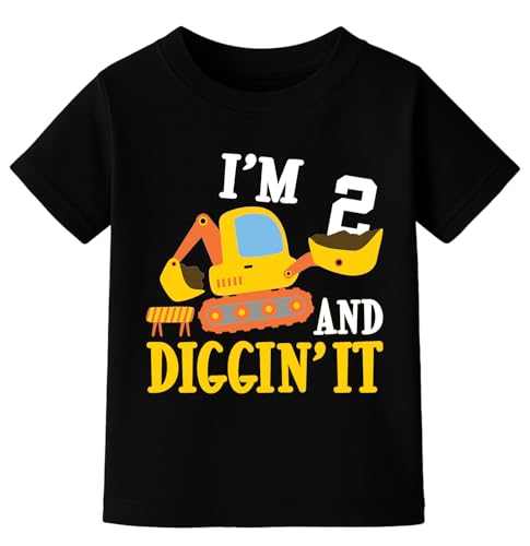 IDOPARAS Toddler Boys 2nd Birthday Construction Excavator Shirt Boys I'm Two and Diggin It Birthday Outfit