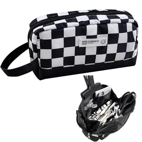 Image of KEYDUACU High Capacity Pencil Case for Teen - Black & White Checkered, Large Pen Bag Organizer with Easy Grip Handle & Loop, Includes Funny & Cute Journaling Supplies(Checkered)