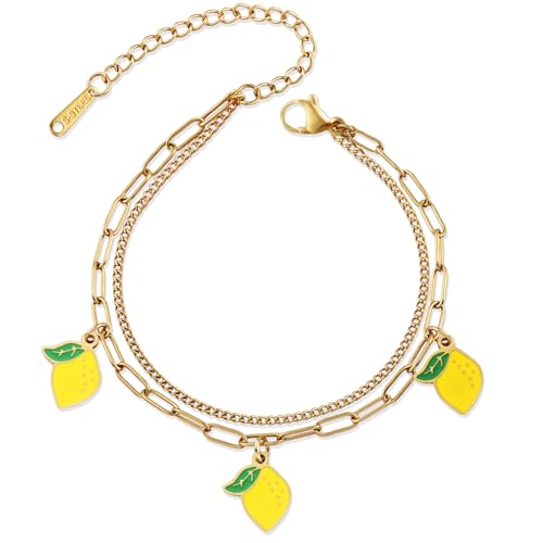 Fruit Charm Bracelets for Women, 18K Gold Plated with Adjustable Layered Link for Women Dainty Jewelry Gifts