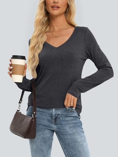 Image of AUTOMET Womens Long Sleeve Shirts V Neck Casual Tops with Pockets Loose Dressy Basic Fall Outfits Clothes Winter Trendy 2025
