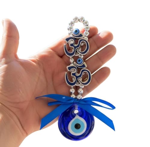 Image of BLUE BEADS Turkish Feng Shui Vastu Blue Glass Evil Eye Hanging /Door Hanging Nazar Batu for Protection and Good Luck - Perfect for Gifting Home or Office (Double Om)