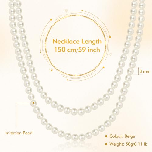 59" Long Pearl Necklace, Faux Long Pearl Necklaces for Women, Vintage Elegant Long Pearls, Pearl Necklace Long for Wedding Party 1920s Gatsby Costume Jewelry2