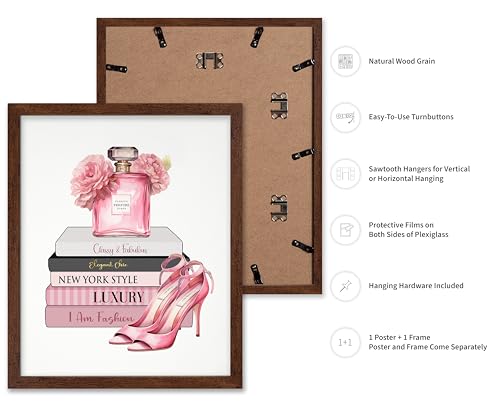 Image of Poster Master Fashion Print - Pink Designer Poster - Shoes & Perfume Art - Chic Gift for Her & Fashionista - Luxury Haute Couture Decor for Bedroom or Girl's Room - 16x20 Brown Framed