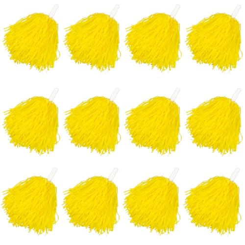 Faxco 12 Pack Yellow Cheer Pom Poms with Handles,Plastic Cheer Pompoms Bulk
