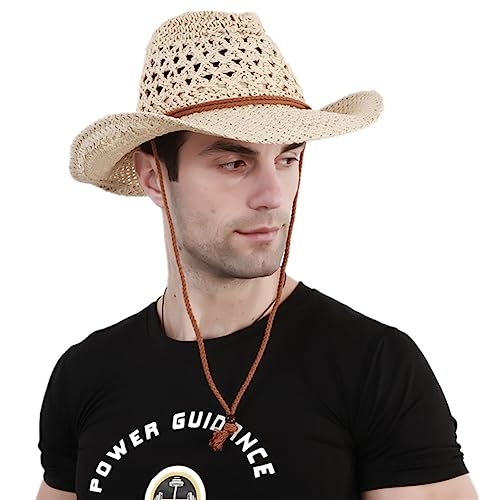Sombrero de paja estilo vaquero western beige para hombre miniatura 4
